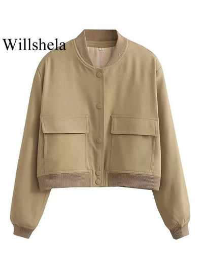 Women Fashion Solid Bomber Jackets Coat With Pockets V-Neck Single Breasted