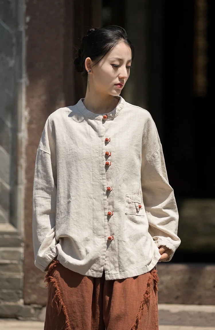 Cotton Linen Women's Literary Vintage Ramie Tops Shirt Women's Patchwork Colour Plate Button Lapel Cardigan Jacket Chinese Style