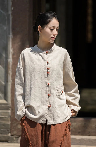 Cotton Linen Women's Literary Vintage Ramie Tops Shirt Women's Patchwork Colour Plate Button Lapel Cardigan Jacket Chinese Style