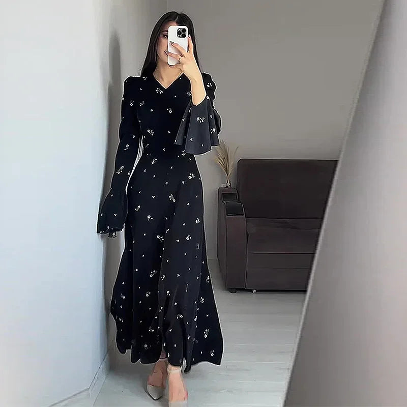 Elegant Dresses for Women Spring Summer New Printing Lotus Leaf Sleeve V Neck Dress Fashionable Slim Fit Women's Evening Dress