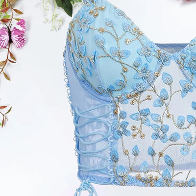 Women Blue Camisole Vest Bra Embroidery Flower Corsets Slim Fit Versatile Lady Bustier Corset Tops Sexy Mesh Back Lingerie