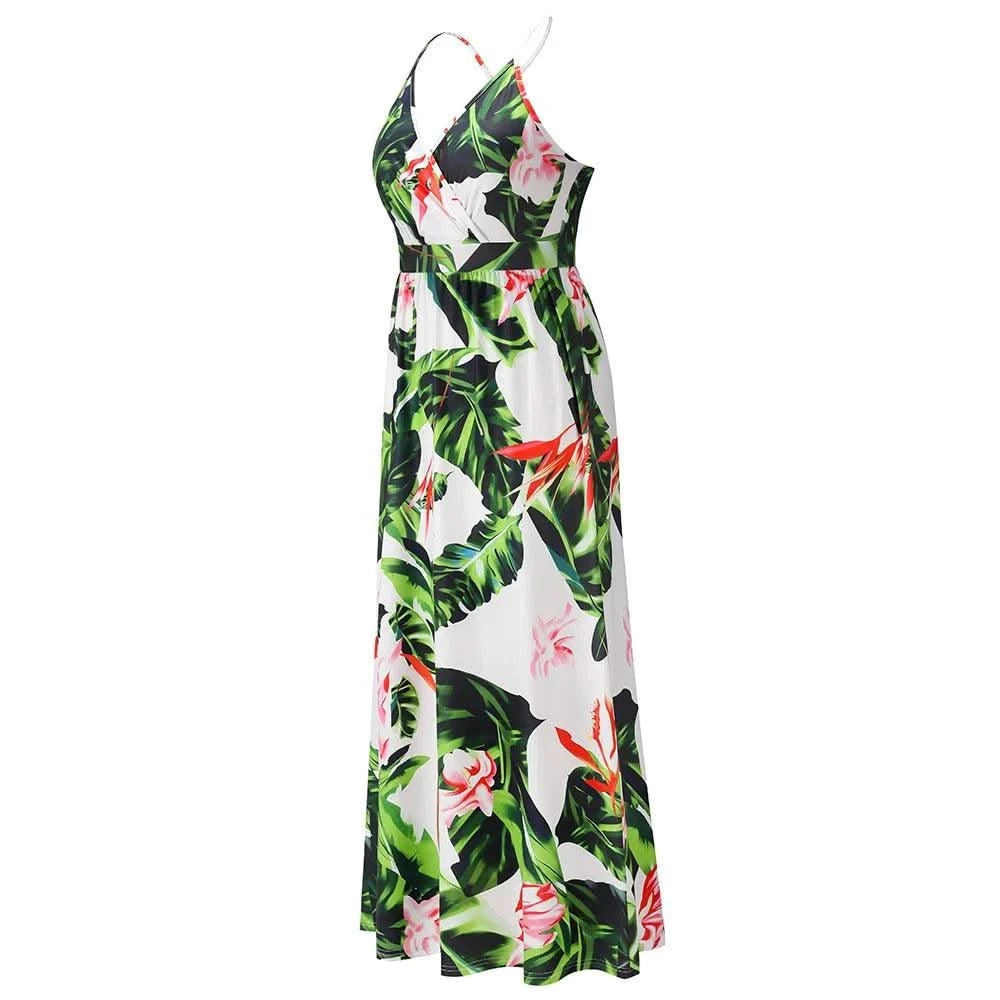 Floral Dress Women's Summer Dress Sexy Backless V-neck Suspender Long Dress