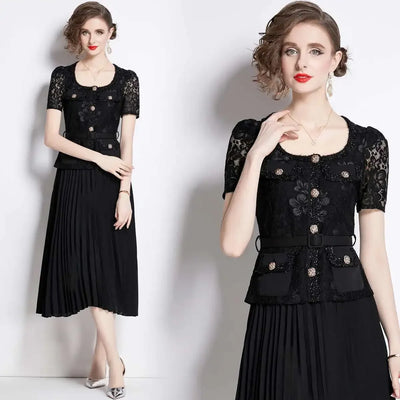 Luxury Evening Dress Women Summer Vacation Short Sleeve Pleated Lace Chiffon Long Dresses White Single Breasted Midi Party Robe