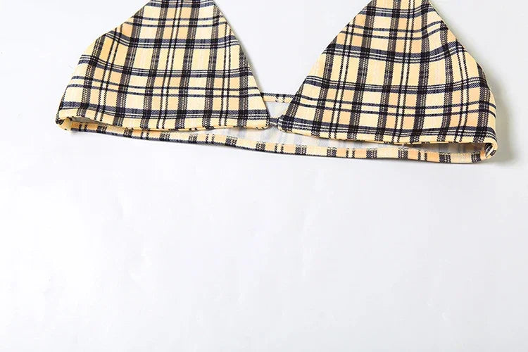 Whatiwear Street Fashion 3 Piece Set Women Polo-Neck Single-Breasted Blouse+Halter Bra+Plaid Print Shirring Skirts Y2K Style Set