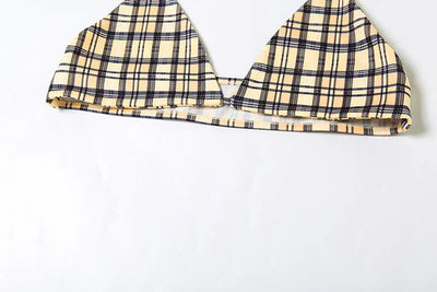 Whatiwear Street Fashion 3 Piece Set Women Polo-Neck Single-Breasted Blouse+Halter Bra+Plaid Print Shirring Skirts Y2K Style Set