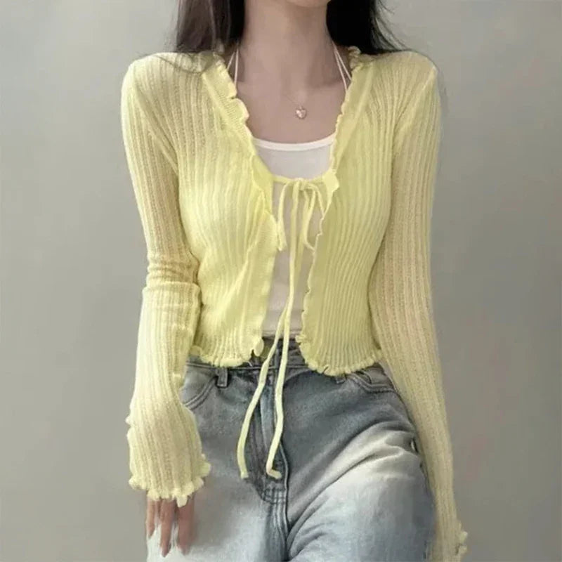 Ruffled Trim Tie Front Long Sleeve Crop Top Women Long Sleeve Open Front Ribbed Knit Cardigan Sweater Summer Fairycore Outfit