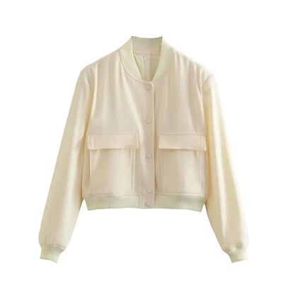 Women Fashion Solid Bomber Jackets Coat With Pockets V-Neck Single Breasted
