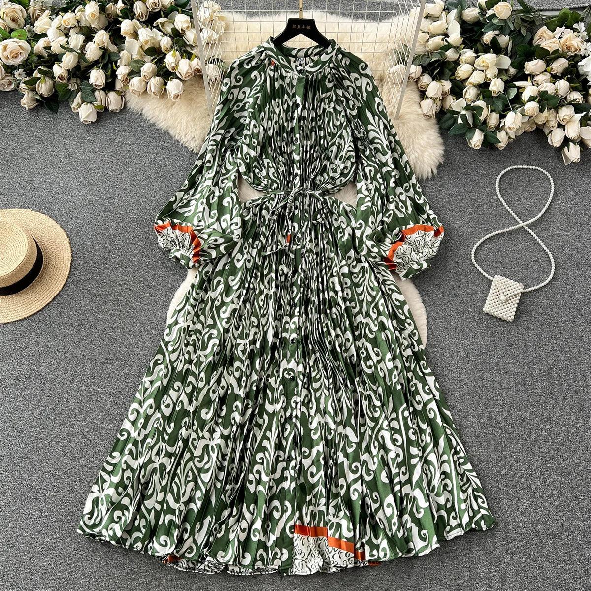Retro Print Elegant Pleated Lantern Long Sleeve O Neck Single Breasted Dress A-line  Casual High Waist Women Summer Dresses