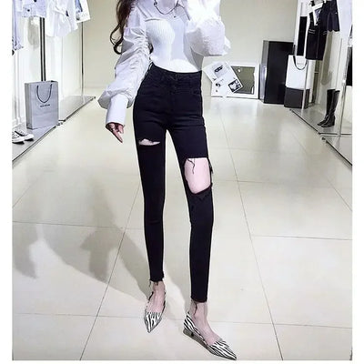 Skinny Pencil Slim Fit Women's Ripped Jeans 90s South Korea Cheap Summer Cowboy Pants for Woman Korean Fashion Xxl Torn Trousers