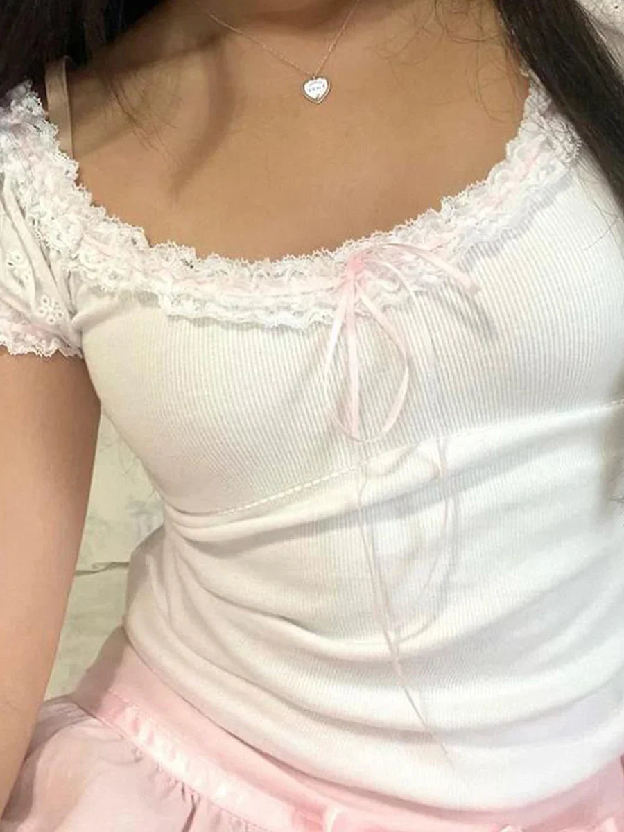 Lace Trim T-Shirts For Women Short Sleeve Crop Tops with Bow Sweet Kawaii Y2k Clothes Streetwear