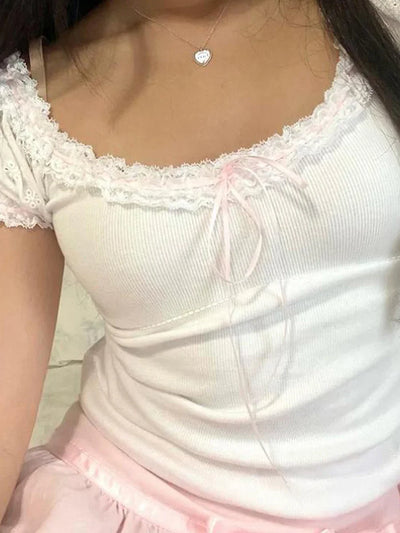 Lace Trim T-Shirts For Women Short Sleeve Crop Tops with Bow Sweet Kawaii Y2k Clothes Streetwear