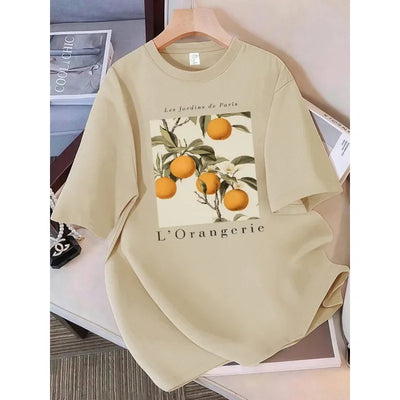 Summer T-Shirts Women Fresh Oranges Fruits Printing Tops Loose O-Neck Soft Comfortable Short Sleeve Street Woman Clothes Summer