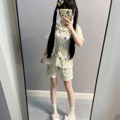 Women's Sleepwear Lounge Pajama Sets Summer Cartoon Print Cute Loose Pajamas Set Home Clothes Short Sleeves Top and Shorts Set