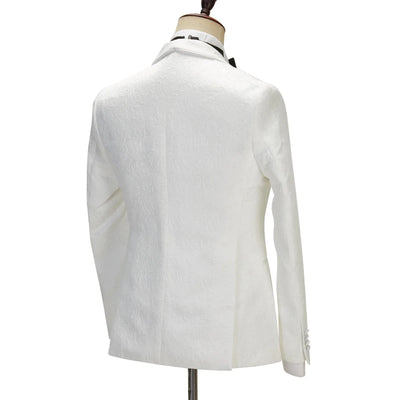 2025 Men's Suit for Wedding Ivory Jacquard Shawl Lapel White Jacket Black Pants with Satin Side Stripe Jacket Tuxedo Slim Fit - Elanique