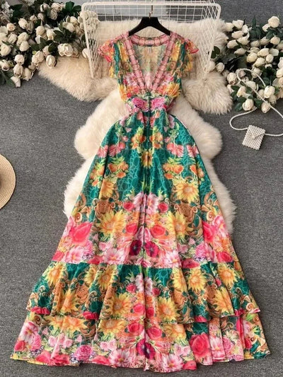 Summer Holiday Gorgeous Floral Retro Dress Women Sleeveless Ruffles Flower Print Dress Female Bohemain Robe Festival Vestidos