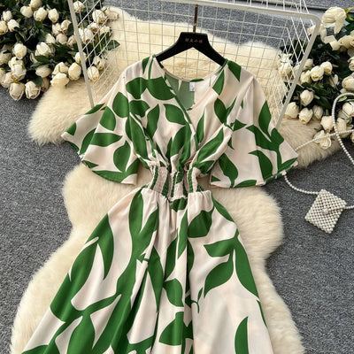 Summer Beach Women Floral Party Dress Summer New Maxi Long Dress Elegant Casual Leaf Printed Hem Dress Vestidos Female