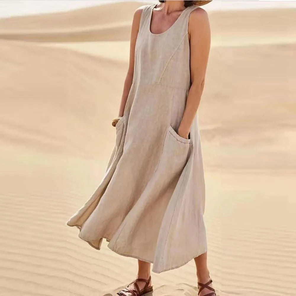 Cotton Linen Sleeveless Dress for Women Summer Pullover Skirt Vestidos Fashion Female Clothing Short Sleeved Loose Long Dress