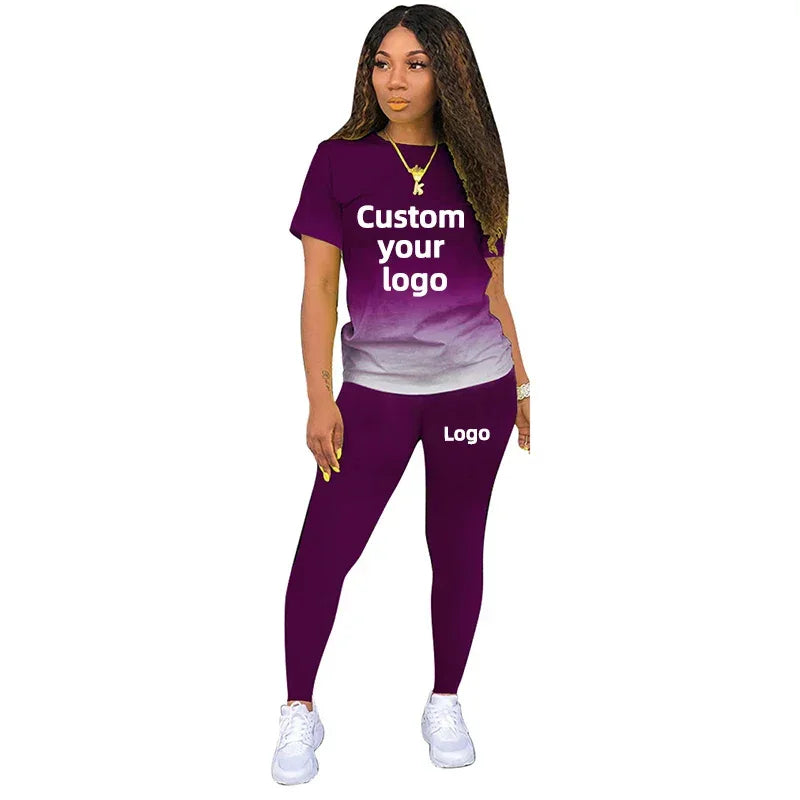 Two Piece Set Women Tracksuits Sets DIY Printed Personality Short Sleeve T shirts + Pants Sports Suit Custom your logo For Women