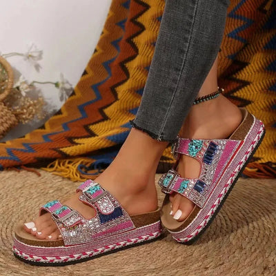 New Women's Rhinestone Thick Sole Twine Double Buckle Sandals, Soft Comfortable Women's Beach Slippers Large size