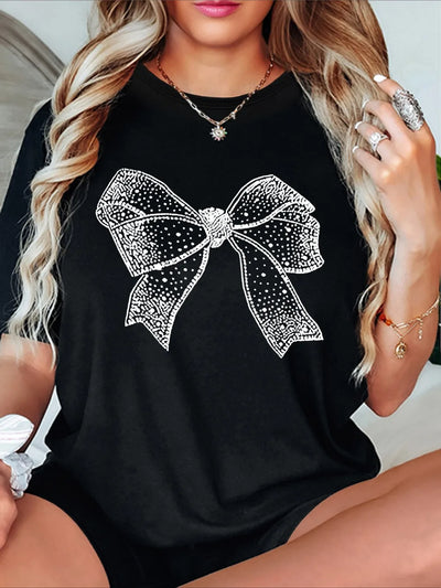 Women's Casual Crew Neck T-Shirt with White Bow Print Soft Polyester Fabric Medium Stretch All-Season Top Machine Washable