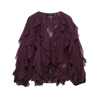 Ruffles Elegant Shirts & Blouses for Women 2025 Long Sleeve Semi-Transparent Tops For Women Spring Shirt And Blouse Top