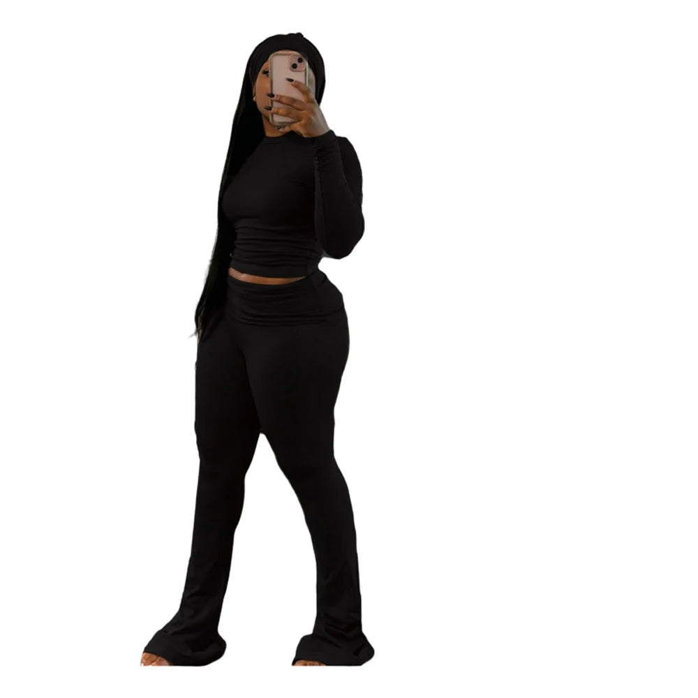 2 Two Piece Lounge Wear for Women 2024 Loungewear With Headband Yoga Outfit Long Sleeve Tops and Flare Pants Sets Tracksuit