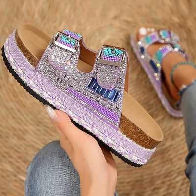 New Women's Rhinestone Thick Sole Twine Double Buckle Sandals, Soft Comfortable Women's Beach Slippers Large size