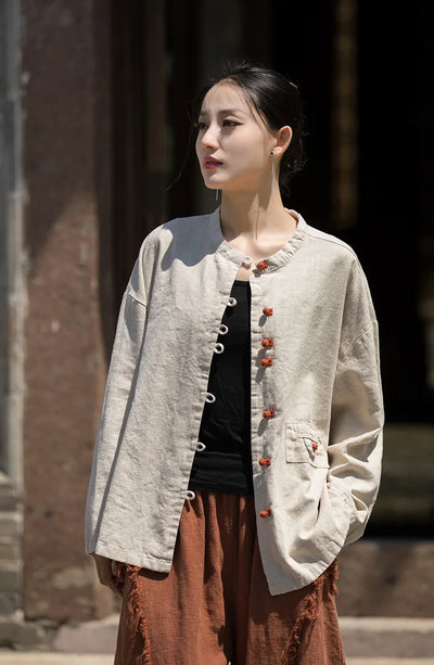 Cotton Linen Women's Literary Vintage Ramie Tops Shirt Women's Patchwork Colour Plate Button Lapel Cardigan Jacket Chinese Style
