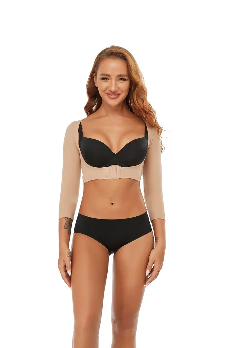 Upper Arm Shaper Post Surgical Slimmer Compression Sleeves Posture Corrector Tops Shapewear for Women 3/4 Sleeve Crop Top Nude