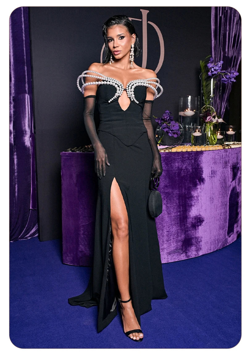 Women's Elegant Black Off-Shoulder Evening Dresses with Pearl Embellishment and High Slit for Formal Events & Weddings Vestidos