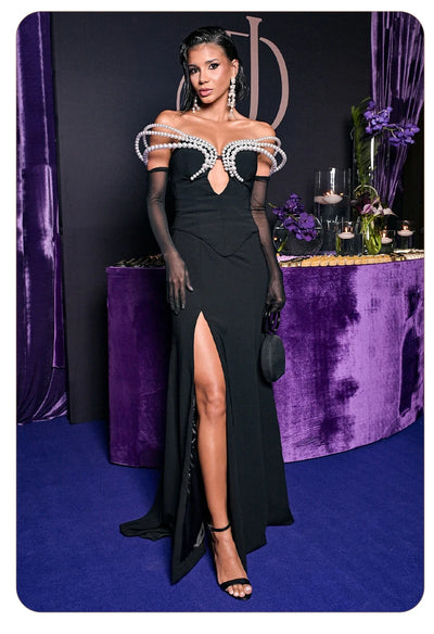 Women's Elegant Black Off-Shoulder Evening Dresses with Pearl Embellishment and High Slit for Formal Events & Weddings Vestidos