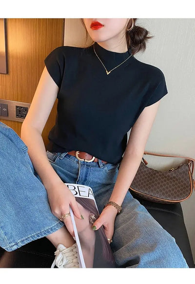 Crew Neck Fashion Women T Shirt Street Casual Knitted T-Shirt Solid Top Tees Sexy Slim Summer Short Sleeve Women's Clothing