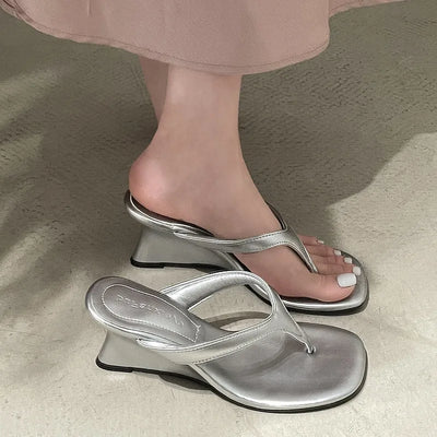 Women High-heeled Slippers 2025 Summer Clip Toe Flip Flop Fashion Pumps French Wedge Sandals Square Toe Ladies Shoes Sandalias