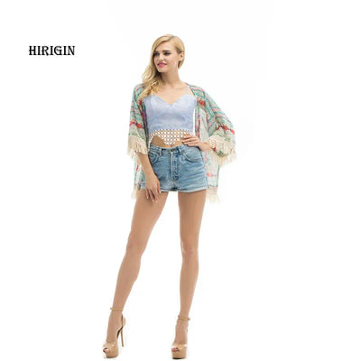 Women Shirts Summer Holiday Boho Floral Print Thin See Through Tassel Half Sleeve Cardigan Beachwear Cape Shirts Woman Tops