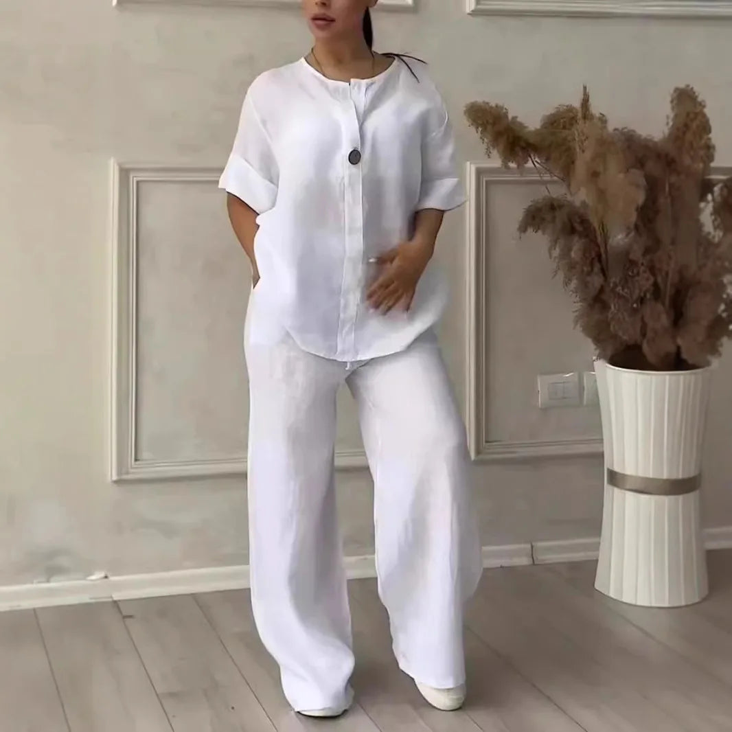 Comfortable Loose Cotton Linen Women's two pieces set Top Wide Leg Pants Casual  Fashion Set Suits Spring Summer Wear Outfits