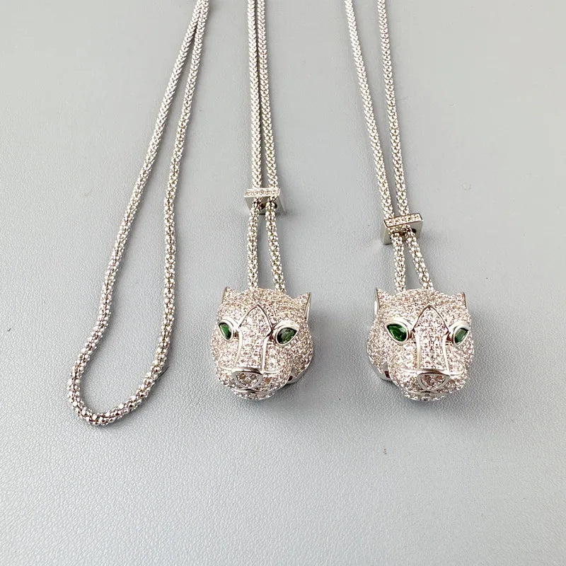 Designer Collection Fashion Luxurious Bracelet Long Necklace Men Women Lady Inlay Full Zircon Leopard Head Pendant Double Chain
