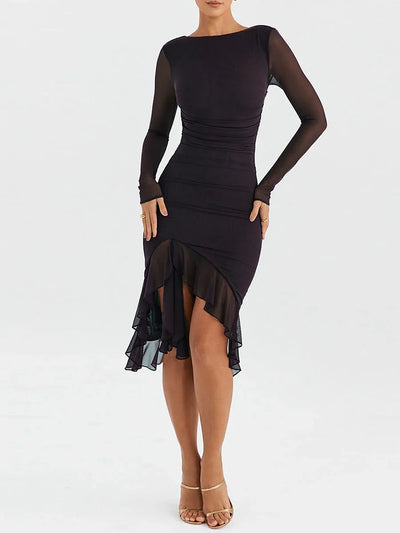 Women Midi Dress Long Sleeve Irregular Mesh Ruffles Mermaid Dress Sexy Backless Party Cocktail Dress