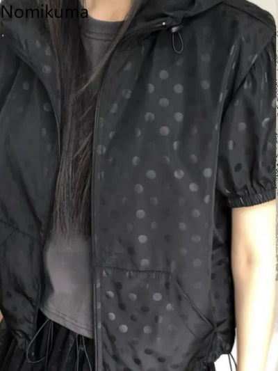 Streetwear Summer Coat for Women 2025 Ropa Mujer Short Sleeve Zipper Hooded Polka Dot Vintage Y2k Tops Casual Thin Jacket 27x969