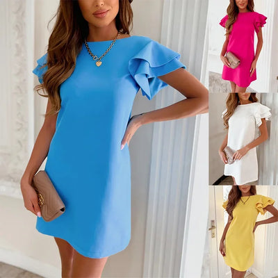 Women Ruffle Short Sleeve Mini Party Dress Summer Female Slim Backless Tshirt Dresses HY-W220217