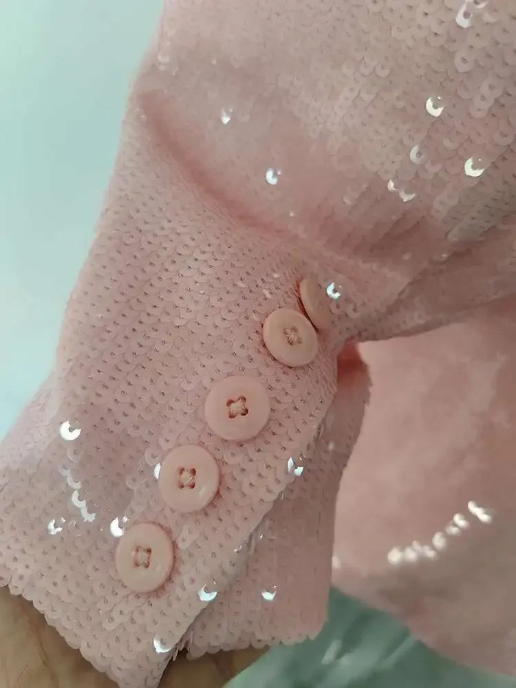 DEAT Fashion Women's Blazer Notched Collar Double Breasted Sequins Full Sleeves Pink Suit Jackets Autumn 2025 New Tide 7AB643