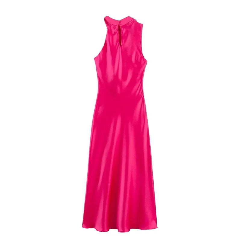 Women's Dress New Summer 2025 Rose Red Silk Satin Textured Sleeveless Midi Dress Asymmetrical Design Elegant temperament