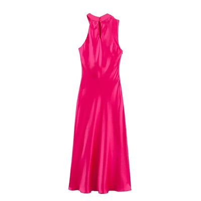 Women's Dress New Summer 2025 Rose Red Silk Satin Textured Sleeveless Midi Dress Asymmetrical Design Elegant temperament