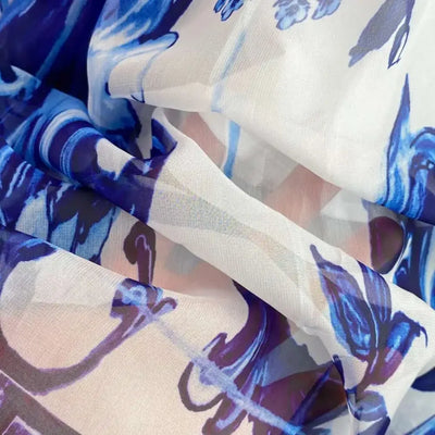 Women Maxi Chiffon Dress Summer Bohemian Rabbits Flower Porcelain Print Clothing Floor Length Flare Sleeve Long Vestidos