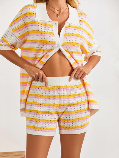 Women Pajamas Set 2 Pieces Loungewear Suits Summer Striped Contrast Color Button Crochet Knit Tops and Shorts Lounge Sets Beach
