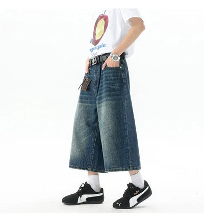 Trendy High-Waisted Wide-Leg Cropped Jeans for Men 2025 Summer Casual Stretch Denim Capri Pants Comfort Fit & Stylish Outfit 8XL