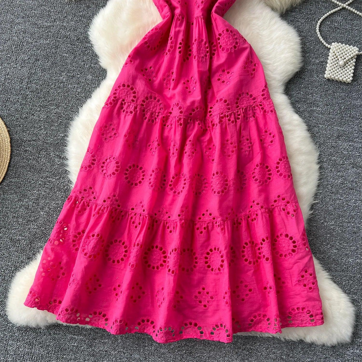 French Vintage Hollow Out Embroidery Butterfly Bow Bandage Slip Dress A-line Chic Casual Beach Vacation Women Summer Dresses