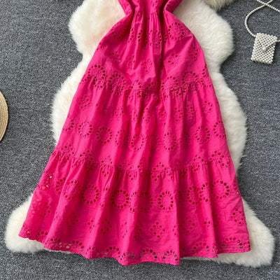 French Vintage Hollow Out Embroidery Butterfly Bow Bandage Slip Dress A-line Chic Casual Beach Vacation Women Summer Dresses