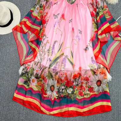 Women Maxi Chiffon Dress Summer Bohemian Rabbits Flower Porcelain Print Clothing Floor Length Flare Sleeve Long Vestidos