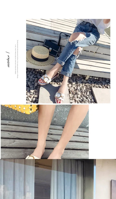 Summer Women Slippers Leather Square Toe Women Flats Flip Flops Designer Ladies Slides Sandals Women Shoes Luxury Sandals