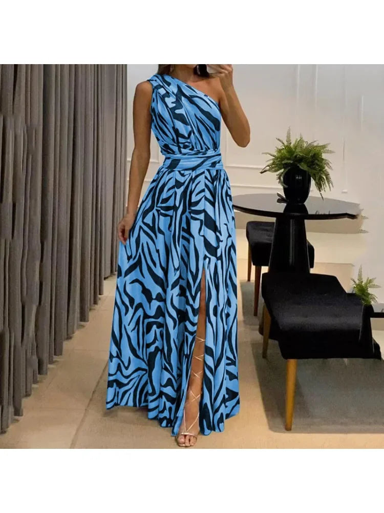 Women's Dress New Summer Printing Boho Robe Hanging Neck High Waist Split Sexy Dress Long Dresses Woman Clothing Party Dresses